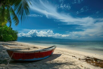 Obraz premium A boat sitting on top of a sandy beach, perfect for travel brochures