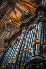 Detailed close up of a pipe organ in a church. Ideal for religious or musical themes