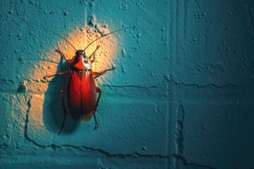 A vibrant red bug perched on a bright blue wall. Suitable for educational materials or nature-themed designs