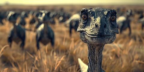 Close-up of a Velociraptor dinosaur in a field, with many others in the background. Field appears...