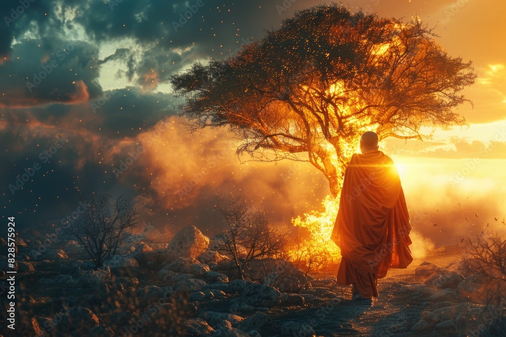 Aufkleber a man in a robe standing in front of a tree. suitable for spiritual or nature themes