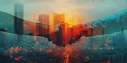 Double exposure image of business handshake with cityscape background, symbolizing partnership, agreement and collaboration in a modern city.