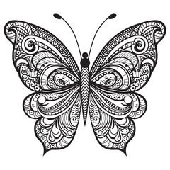 Doodle Ornate Butterfly, Adult Coloring Page Template. 