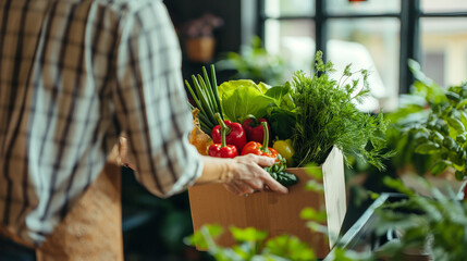 A customer receiving a personalized meal plan delivery based on their nutritional needs. Dynamic and dramatic composition, with cope space