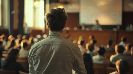Fototapeta premium A man standing confidently in front of a diverse crowd. Suitable for business presentations