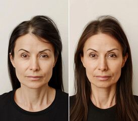 Woman with hair loss problem before and after treatment, hair loss treatment, hair transplantation, on white  background. Reception at a trichologist.Collage of 2 photos