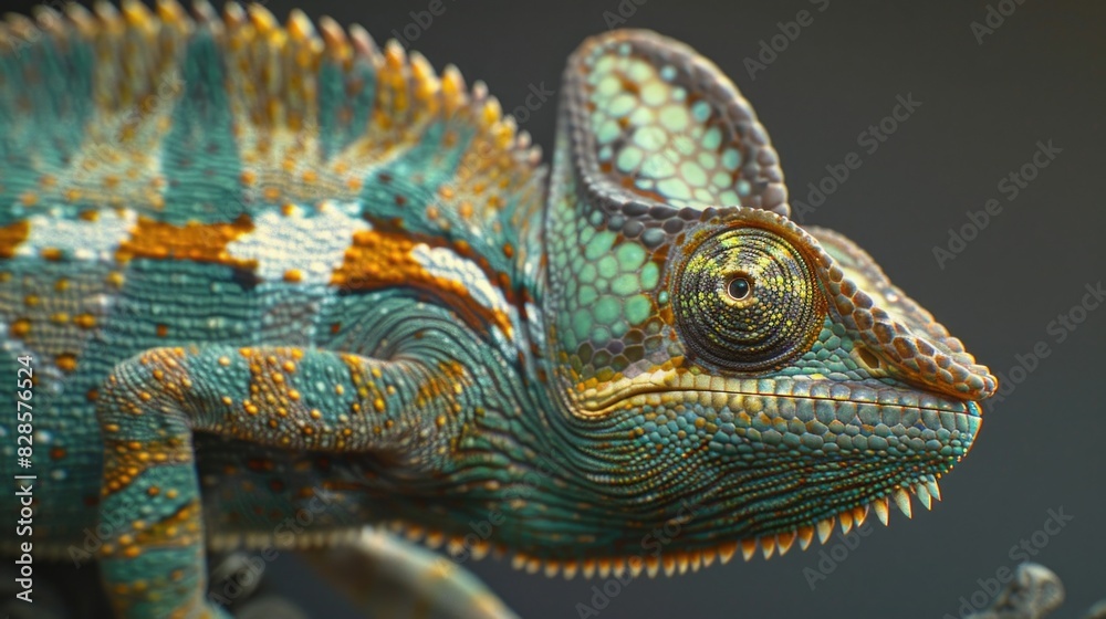 Poster close up of a colorful chameleon on a branch. perfect for nature and wildlife themes