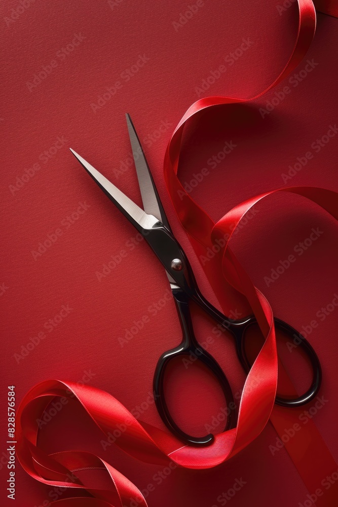 Fototapete a pair of scissors resting on a vibrant red ribbon, suitable for various projects
