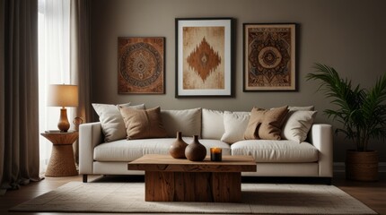 Fototapeta premium Comfortable soft sofa with decorative cushions in spacious modern living room with parquet floor and white walls near staircase in daylight