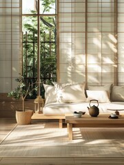 The living room features a Japanese-inspired wooden sofabed, soft beige carpet on the floor, white walls with sun and shade, modern minimalist interior design, plants, a magazine, and a cosy Bohemian 