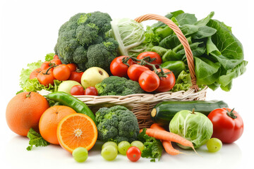 Fresh organic frbroccoli, grocery, lettuce, tomato, vegetable, carrot, ingredient, basket, cabbage, detox, wicker, food, fruit, organic, buy, crop, cut out, full, huits and vegetables in wicker basket