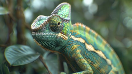 Fototapeta premium Close-up shot of a colorful chameleon perched on a tree branch. Suitable for nature and wildlife themes
