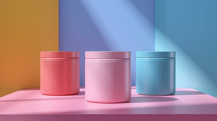 Three containers of different colors are displayed on a table
