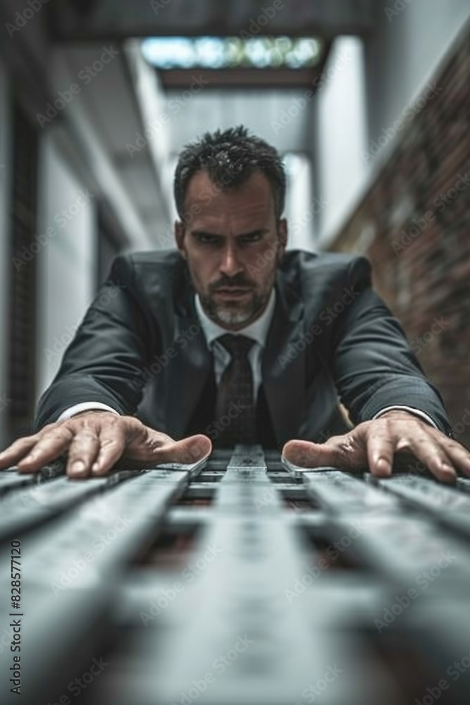 Poster a man in a suit leaning over a keyboard. suitable for business and technology concepts