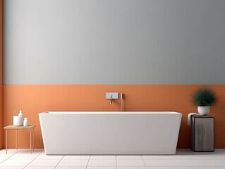 Modern and minimal Bathroom interior design, Modern minimalist bathroom interior, modern bathroom cabinet, white sink, wooden vanity, interior plants, bathroom accessories, bathtub and shower