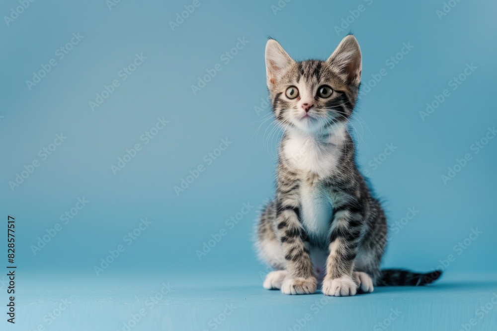 Sticker Adorable kitten sitting on a blue background, perfect for pet-related designs