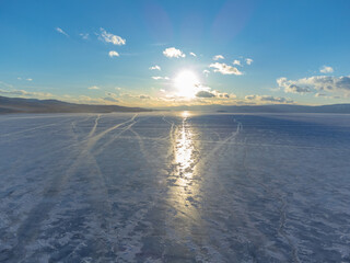 Winter landscape of frozen lake Baikal, Beautiful natural figure on the ice