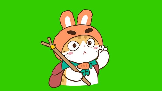 Animated Little Cat in Scout Uniform Ready - Green Screen