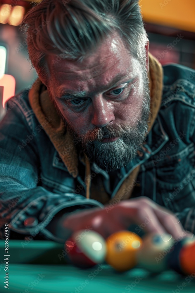 Poster a man with a beard playing a game of pool. suitable for sports and leisure concepts