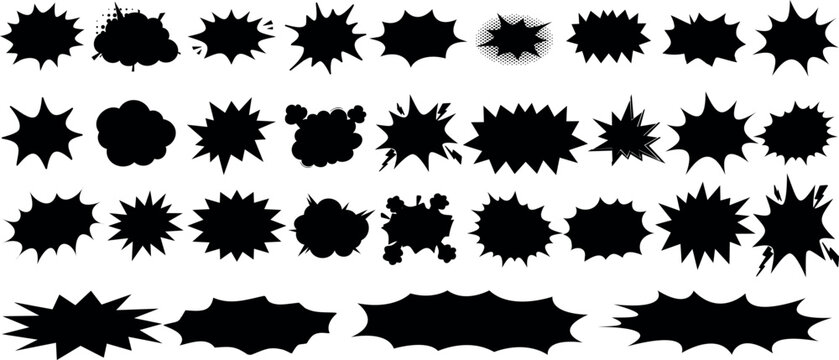 Comic explosion speech bubble vector shapes, speech bubble silhouettes, starburst designs in black. Ideal for graphic design, comic book art, pop art, and digital illustrations