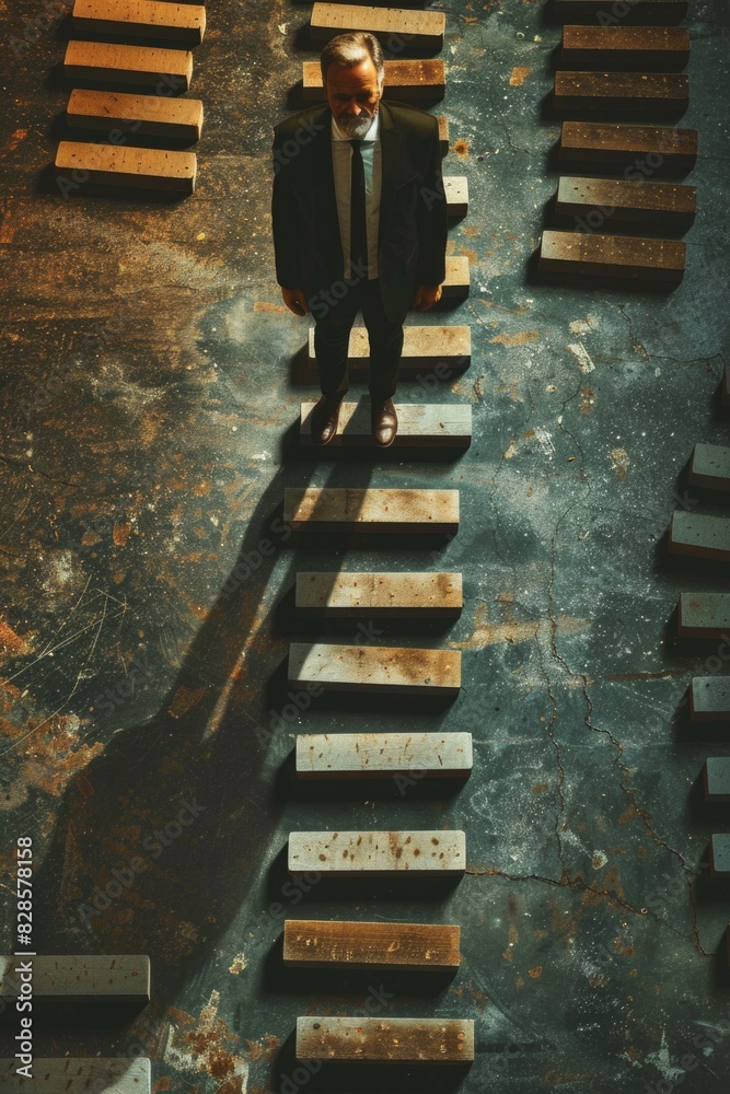Poster a man in a suit and tie standing on a set of stairs. ideal for business and success concepts