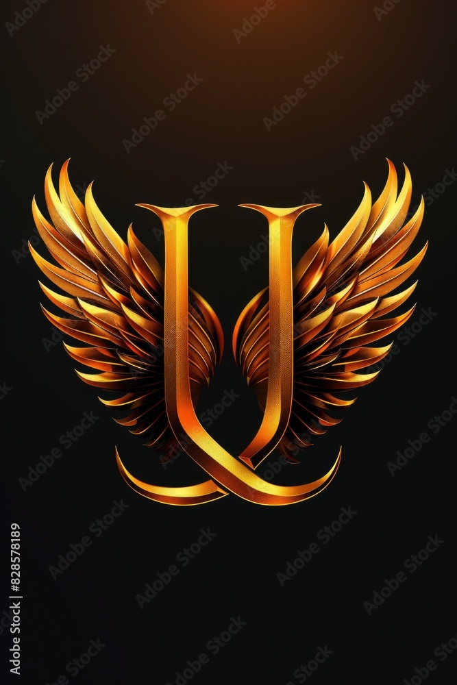 Poster A unique golden letter U with wings on a black background. Perfect for design projects and branding