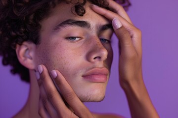 Fototapeta premium Close up image of a person touching their face, suitable for skincare or health concepts