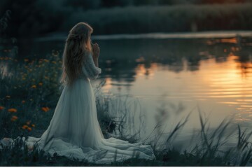 A woman standing by a body of water, suitable for various projects