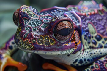 Close up of a colorful frog's face, perfect for nature and wildlife themes