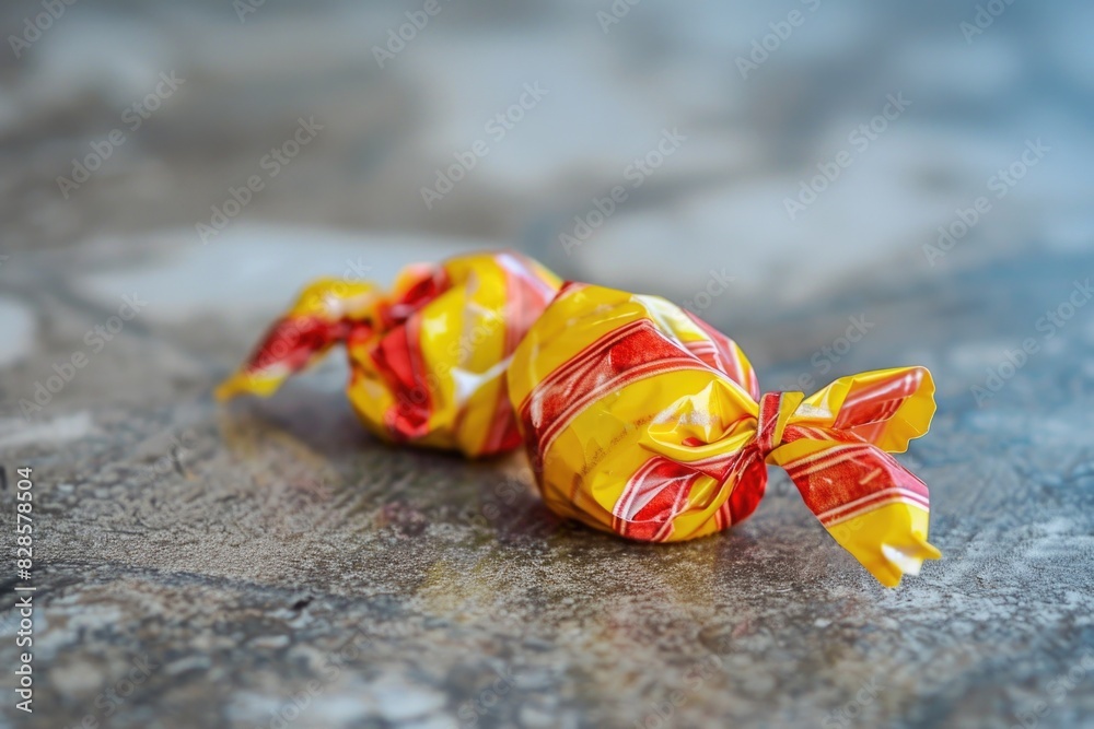 Poster A detailed view of a single candy on a table. Perfect for food and dessert concepts