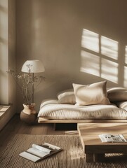 The living room features a Japanese-inspired wooden sofabed, soft beige carpet on the floor, white walls with sun and shade, modern minimalist interior design, plants, a magazine, and a cosy Bohemian 