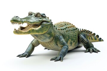 Fototapeta premium Toy alligator sitting on a white surface, suitable for children's toy store advertisement