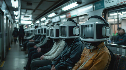 Passengers with TV head travelling in subway