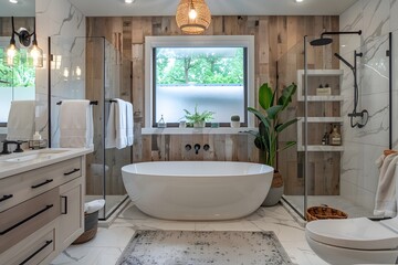 Modern bathroom interior with minimalist shower and lighting, sink towels and bathtub, Designed freestanding bath in white modern bathroom, and designer fixtures