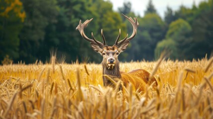 A stag in a wheat field during the spring season