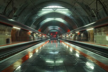 A subway station with a train on the tracks. Suitable for transportation or urban themes