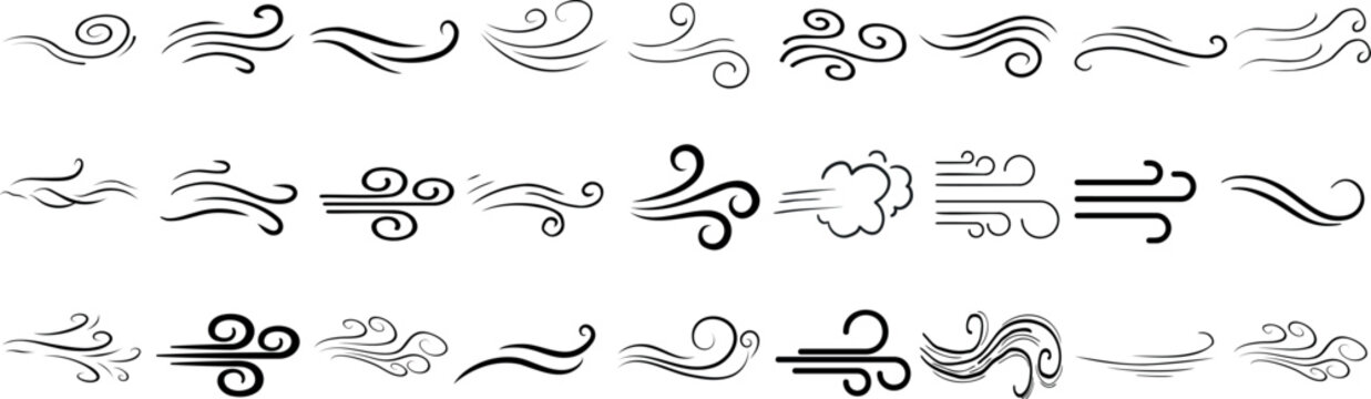 Wind line doodle symbols, breeze icons, swirl patterns, decorative air element designs in various styles. Perfect for weather apps, graphic design, and illustration projects