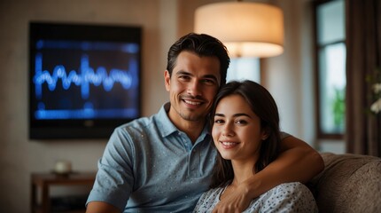 Fototapeta premium Young family adjusts AC temperature, enjoying comfort at home