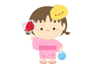 りんご飴とヨーヨーを持った浴衣を着た女の子、日本の夏祭りの人物のベクターイラスト素材