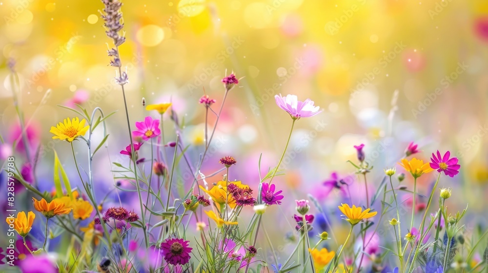 Sticker Wildflowers creating a floral abstract background in a summer meadow with blurred natural surroundings