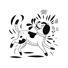 Vector illustration of a dog barking and playing merrily, running around feeling of fun and happiness. Minimalistic graphics isolated on a white background.eps