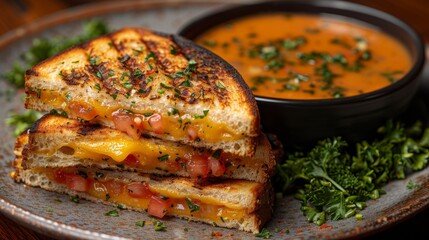 Cozy Restaurant Scene with Grilled Cheese and Tomato Soup Generative AI
