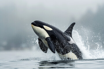 Fototapeta premium Majestic orca breaching the ocean surface in a dramatic display of wildlife