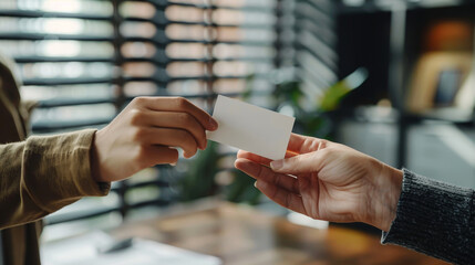 Professional exchange during a meeting: handing a referral card to a client