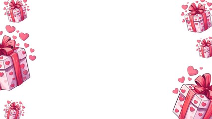 Obraz premium Illustration of Valentine's Day gift boxes adorned with red ribbons and heart patterns on a white background. Concept: love, gift-giving, celebration. For greeting cards, social media posts,