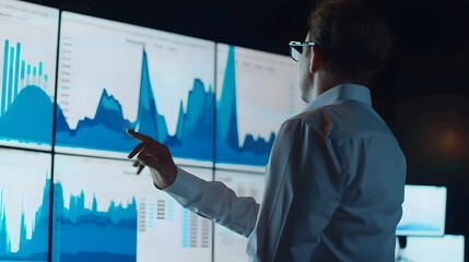 Businessman analyzing financial data on digital screens, pointing at graphs and charts. Advanced technology in corporate analytics and data visualization.