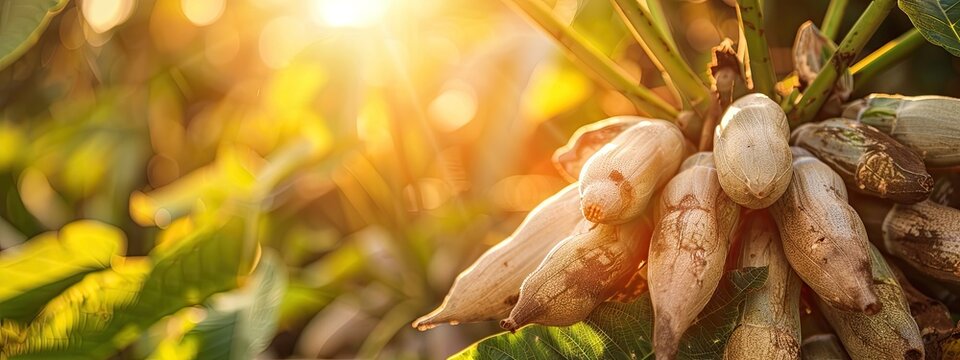 close-up of cassava fruits on the plot. Selective focus