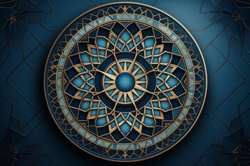 Intricate circular design with golden and blue details, resembling a stained glass window.