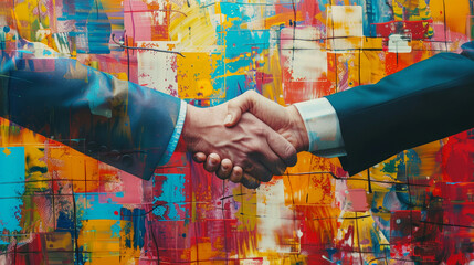 Colorful contemporary art collage featuring a business handshake