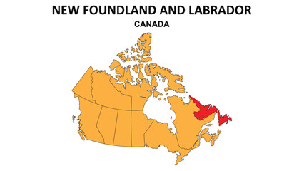 New Foundland and Labrador Map is highlighted on the Canada map with detailed state and region outlines.